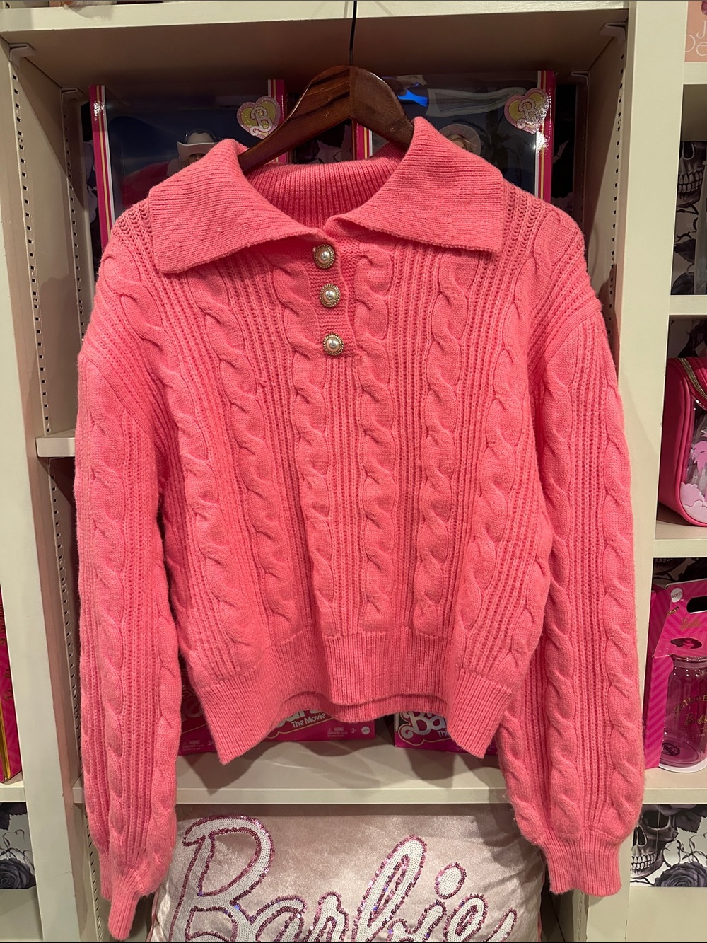 Listicle Pink Cable-Knit Collared Sweater with Pearl Buttons